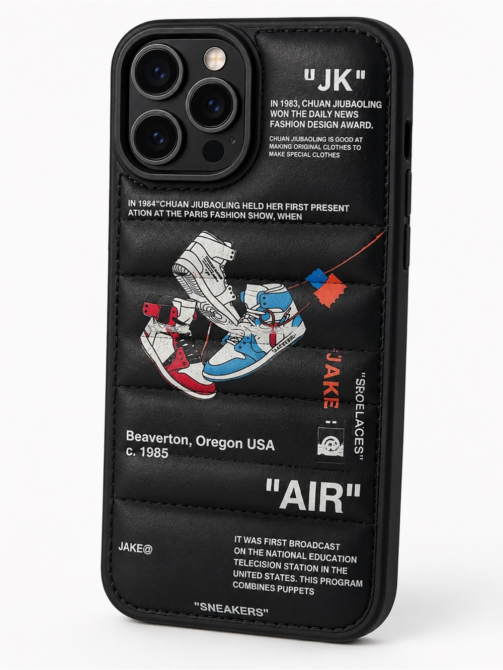 Amazon Black Quilted Phone Case with Red & Blue Sneaker Graphic